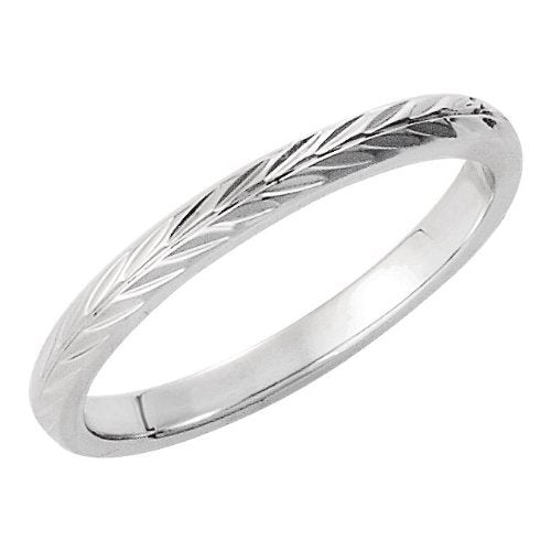 2mm 14k White Gold Hand Engraved Wheat Pattern Band, Sizes 5 to 12