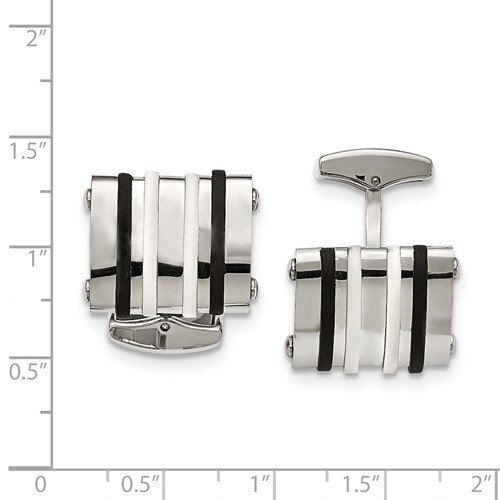 Stainless Steel, Black and White Rubber Bands Rectangle Cuff Links