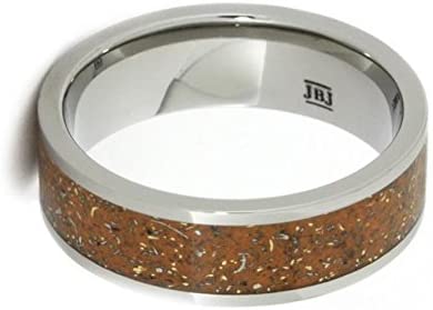 The Men's Jewelry Store (Unisex Jewelry) Orange Stardust with Meteorite and 14k Yellow Gold 7mm Comfort-Fit Titanium Ring, Size 4.5