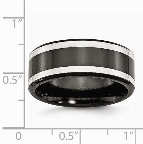 Black Titanium, Argentium Sterling Silver Inlay 9mm Flat Band, Size 9.5