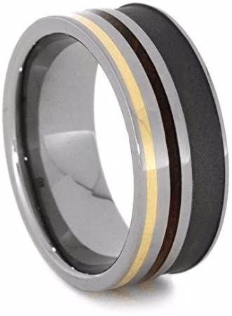 The Men's Jewelry Store (Unisex Jewelry) Whiskey Barrel Wood, 14k Yellow Gold 8mm Sandblasted Titanium Comfort-Fit Band, Size 5