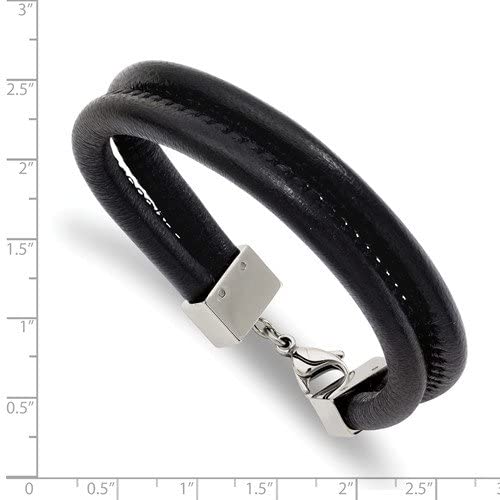 Men's Black Leather Double Row Stainless Steel Bracelet 8.5 Inches