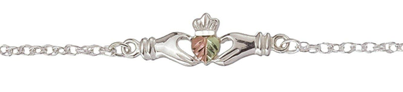 Sterling Silver Claddagh Ankle Bracelet, 12k Green Gold, 12k Rose Gold Black Hills Gold, 10.5"