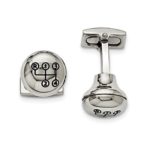 Stainless Steel Polished Stick Shift Design Enameled Round Cuff Links