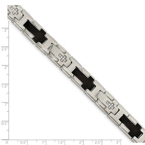 Men's Polished Stainless Steel Black IP-Plated with CZ Cross Bracelet, 8.5"