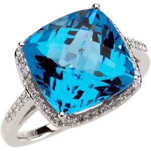 8.50 Ct Swiss Blue Topaz and 1/4 Ctw Diamond Ring in 14k White Gold, (HI, I1, .25 Ctw), Size 7