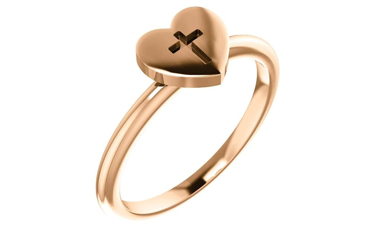 Heart with Cross 14k Rose Gold Slim Profile Ring, Size 6