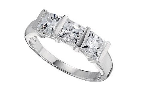 Past, Present, Future 3-Stone Princess CZ Sterling Silver Ring, Size 6