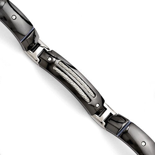Men's Titanium, Sterling Silver Anodized Black Titanium with Cable Link Bracelet, 8 "
