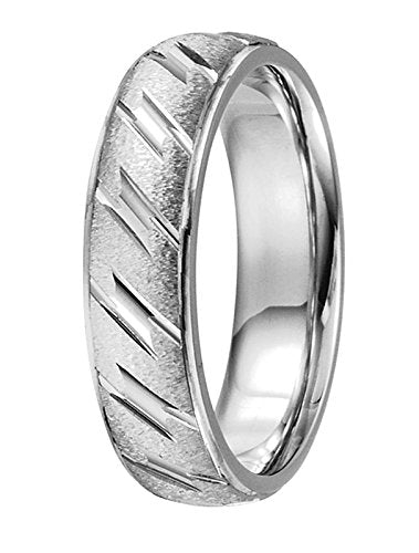 14k White Gold Ice-Finish, Diamond-Cut Grooved 6mm Comfort-Fit Band