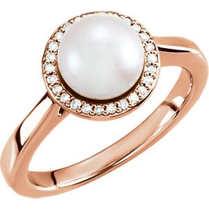 White Freshwater Cultured Pearl and Diamond Halo Ring, 14k Rose Gold (7.5-8mm) (.08Ctw, G-H Color, I1 Clarity) Size 6