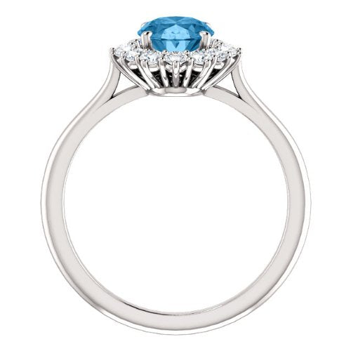 Swiss Blue Topaz and Diamond Halo 14k White OR Yellow Gold Ring, Size 7