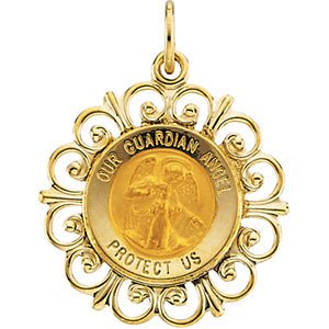 Rhodium Plated 14k Yellow Gold Round Guardian Angel Pendant Medal (18.5 MM)