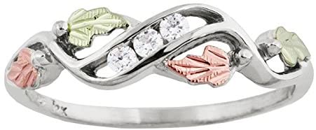 Slim-Profile Cubic Zirconia Ring, Sterling Silver, 12k Green and Rose Gold Black Hills Gold Motif, Size 6.25