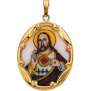 14k Yellow Gold Sacred Heart of Jesus Hand-Painted Porcelain Medal (25x19.5 MM)