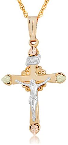 Christ is Risen Cross Necklace, 10k Yellow Gold, 12k Green, Rose Gold Black Hills Gold Motif, 18''