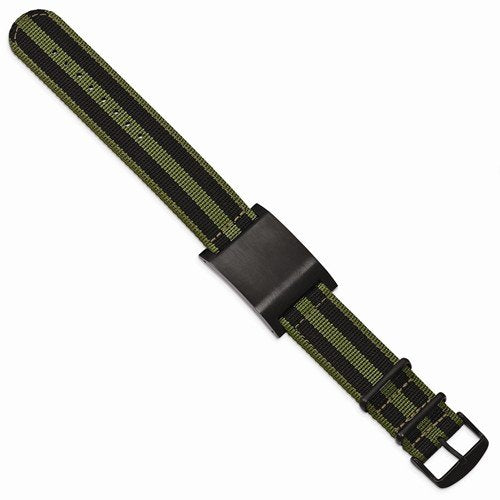 Men's Brushed Stainless Steel Black IP Green Fabric Adjustable ID Bracelet