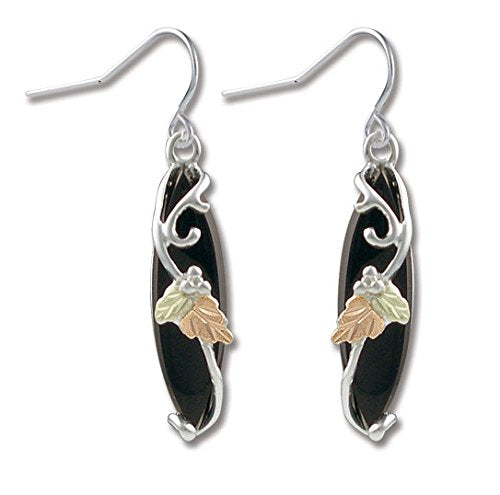 Onyx Marquise Earrings, Sterling Silver, 12k Green and Rose Gold Black Hills Gold Motif