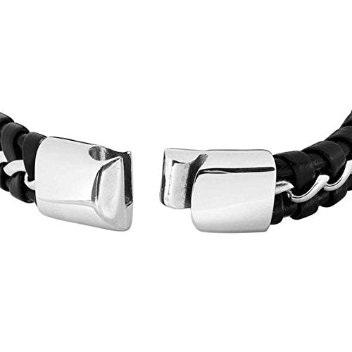 Men's Black Leather Bracelet, Stainless Steel, 8.5"