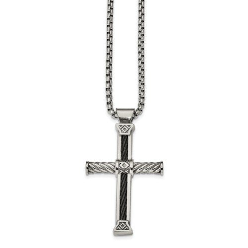 Edward Mirell Stainless Steel and Black Memory Cable Cross Necklace, 20"