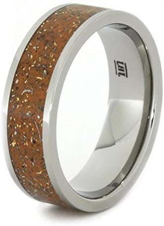 The Men's Jewelry Store (Unisex Jewelry) Orange Stardust with Meteorite and 14k Yellow Gold 7mm Comfort-Fit Titanium Ring, Size 15.25