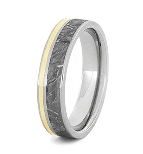 Gibeon Meteorite, 14k Yellow Gold Stripe 5.5mm Titanium Comfort-Fit Ring, Size 13.5
