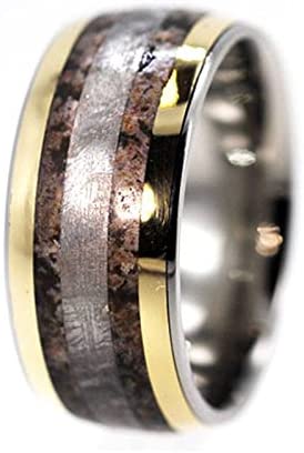 Dinosaur Bone, 14k Yellow Gold Pinstripe, Gibeon Meteorite 11mm Comfort Fit Titanium Wedding Band, Size 4.5