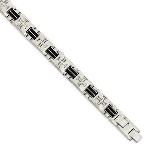 Men's Polished Stainless Steel Black Rubber Cross Adjustable Bracelet, 8.5"