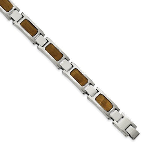 Men's Polished Stainless Steel with Tiger's Eye Bracelet, 8.5"