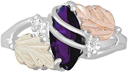 Marquise Created Amethyst February Birthstone Ring, Sterling Silver, 12k Green and Rose Gold Black Hills Gold Motif, Size 10