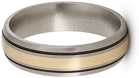 Satin Brushed Titanium, 14k Yellow Gold and Black Pinstripes 6mm Comfort-Fit Dome Wedding Band, Size 10