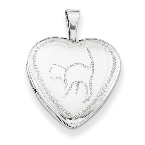 Sterling Silver Diamond-Cut Cat Heart Locket Necklace, 18"