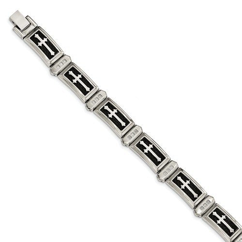 Men's Polished Stainless Steel with CZ Black Carbon Fiber Inlay Cross Bracelet, 8.5"