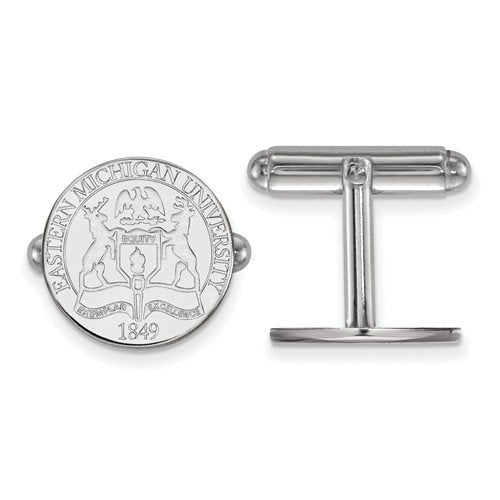 Rhodium-Plated Sterling Silver Eastern Michigan University Crest Round Cuff Links, 15MM