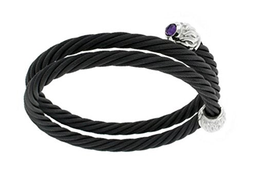 Men's Tango Collection Black Titanium Cable and Sterling Silver Caps Amethyst Bracelet, 6"