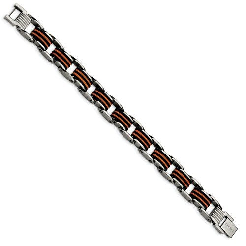 Men's Polished Stainless Steel 12mm Black And Orange Polyurethane Bracelet, 8.5"