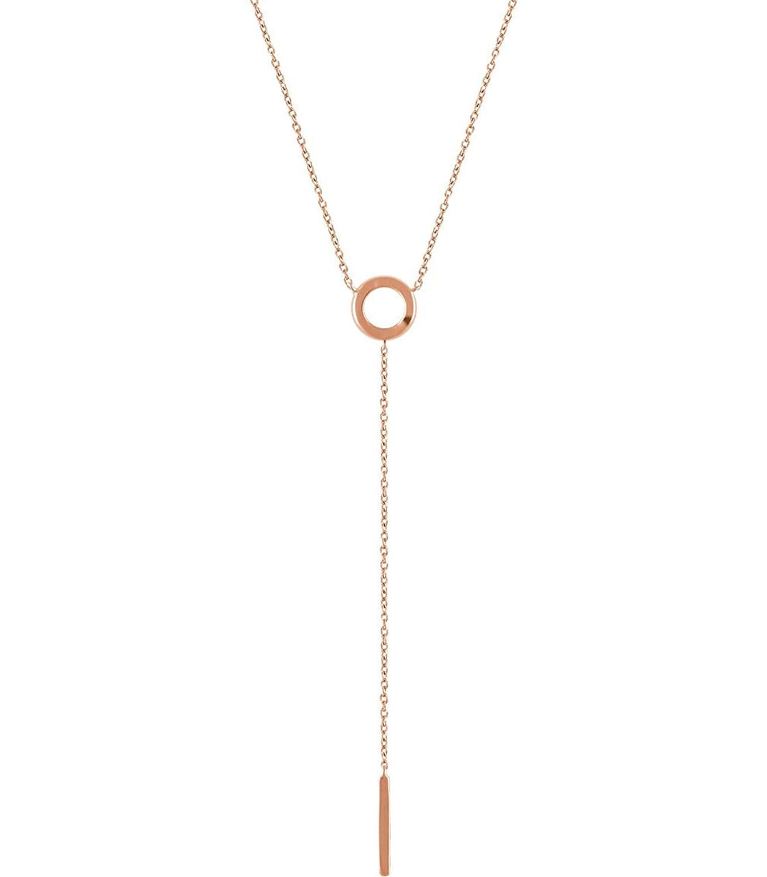 Circle and Bar Y-Style Dangle 14k Rose Gold Necklace, Adjustable 16-18"