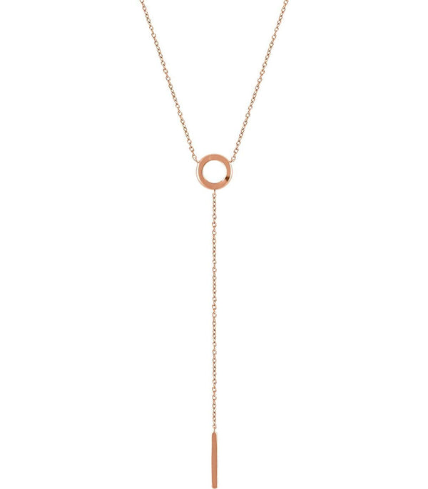 Circle and Bar Y-Style Dangle 14k Rose Gold Necklace, Adjustable 16-18"