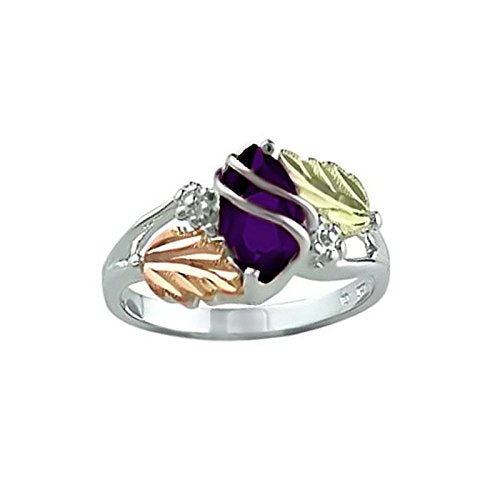 Marquise Created Amethyst February Birthstone Ring, Sterling Silver, 12k Green and Rose Gold Black Hills Gold Motif