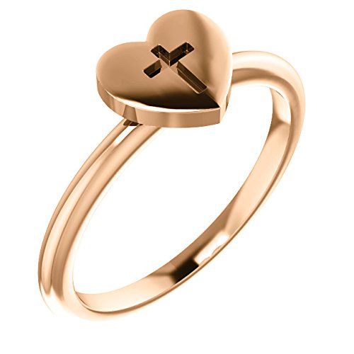 Heart with Cross 14k Rose Gold Slim Profile Ring, Size 4.5