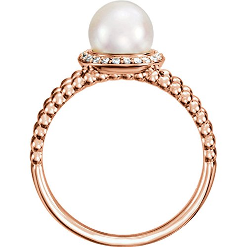 White Freshwater Cultured Pearl Diamond Halo 14k Rose Gold Ring (7-7.5 MM) (1/8 Ctw, Color G-H, Clarity I1), Size 6.5