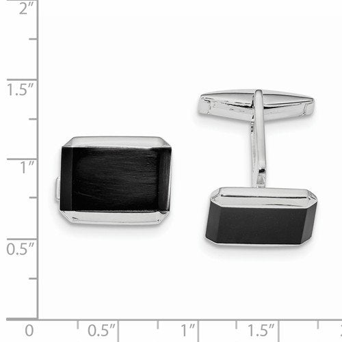 Rhodium-Plated Sterling Silver Onyx Rectangle Cuff Links, 24.1X18.1MM