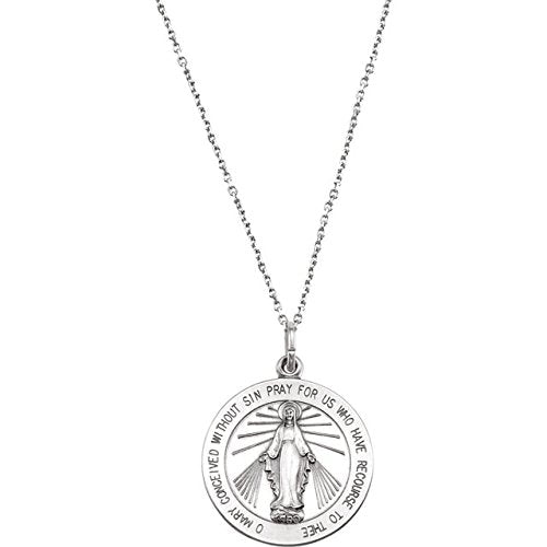 Rhodium Plated Sterling Silver Miraculous Medal with Curb Chain Necklace, 24" (22.25 MM)
