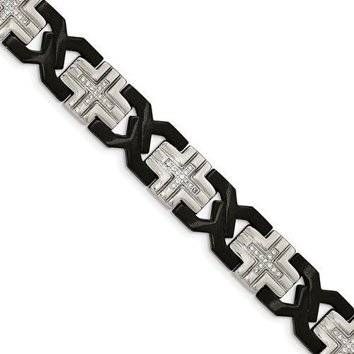 Men's Brushed and Polished Stainless Steel Black IP-Plated with CZ Bracelet, 8.25"