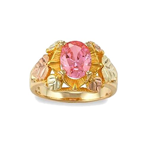 Oval Pink CZ with Leaf Ring, 10k Yellow Gold, 12k Green and Rose Gold Black Hills Gold Motif