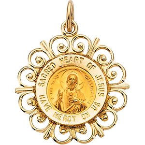 Rhodium Plated 14k Yellow Gold Round Sacred Heart of Jesus Medal (18.5 MM)