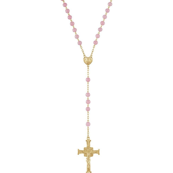 Rose Quartz Rosary with Yellow Gold Filled Heart Medal and Crucifix