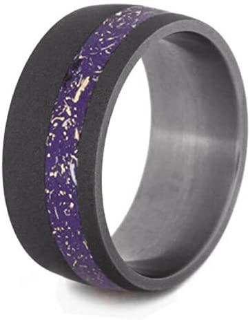 The Men's Jewelry Store (Unisex Jewelry) Purple Stardust Band with Meteorite and Yellow Gold 9mm Sandblasted Titanium Comfort-Fit Wedding Band, Size 14.5