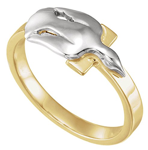 2-Tone Dove Cross Ring, Rhodium-Plated 14k White and Yellow Gold, Size 6.5
