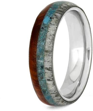 Crushed Turquoise, Deer Antler, Amboyna Wood, 4.5mm Titanium Comfort-Fit Band, Size 10.5